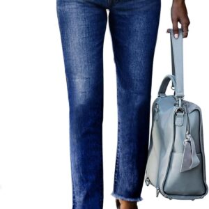 Sidefeel Women's High Waisted Stretchy Raw Hem Straight Leg Ankle Denim Pants with Pockets