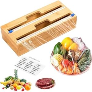 2 in 1 Plastic Wrapped Dispenser Bamboo Wrap Dispenser with Cutter for Kitchen