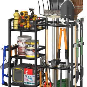 Keomaisyto 3 Tier Yard Storage Rack Garage Organization Tool Organizer With Basket 35 Long-Handled Slots