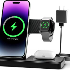 Wireless Charger iPhone Charging Station for Apple iPhone 16e 16 15 14 Pro Max 13 12 11, Apple Watch 10 9 8 7 6 5 4 3 2 SE and Ultra Series, Airpods 4 3 2 Pro Multi Device Charger Stand