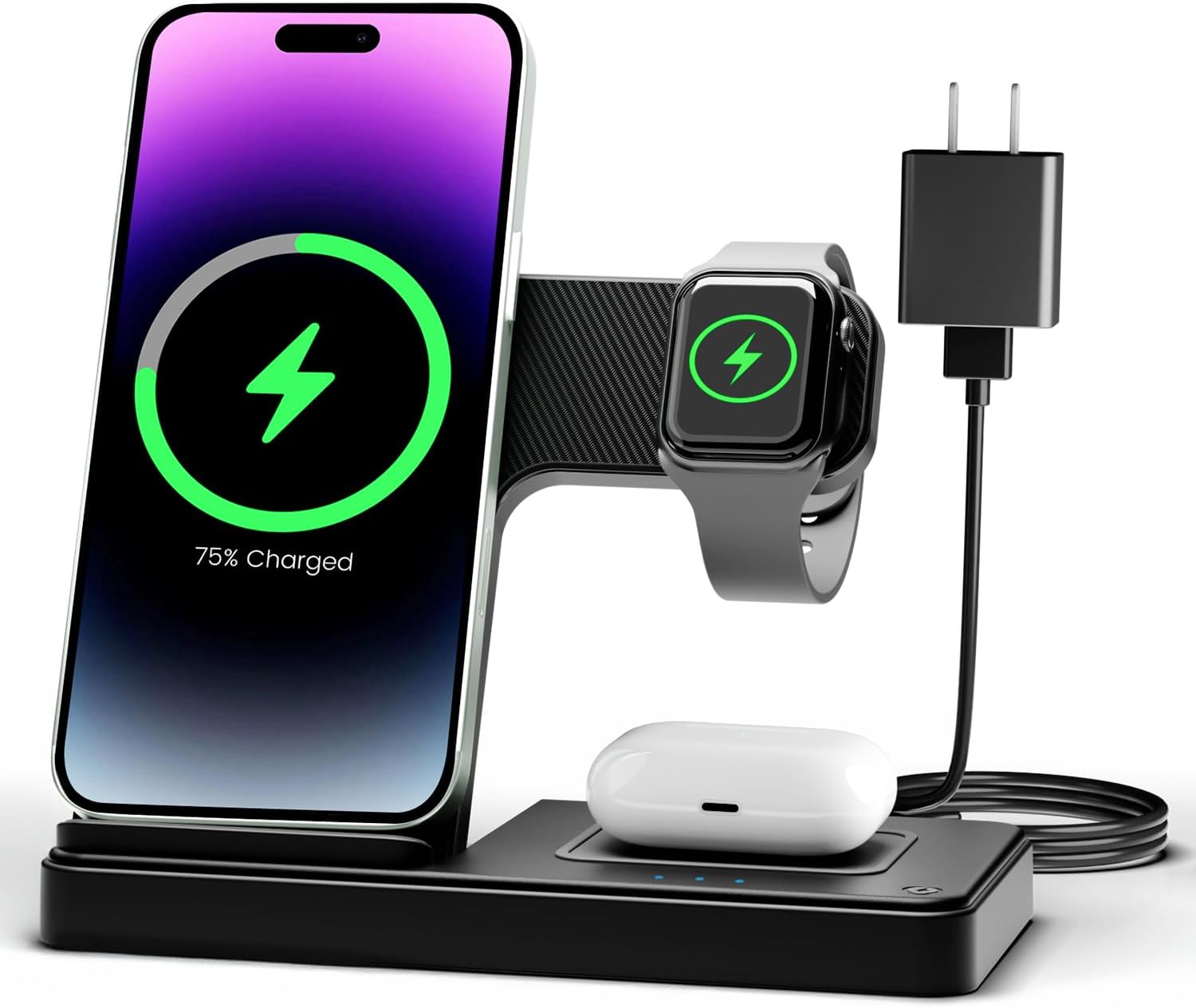 Wireless Charger iPhone Charging Station for Apple iPhone 16e 16 15 14 Pro Max 13 12 11, Apple Watch 10 9 8 7 6 5 4 3 2 SE and Ultra Series, Airpods 4 3 2 Pro Multi Device Charger Stand