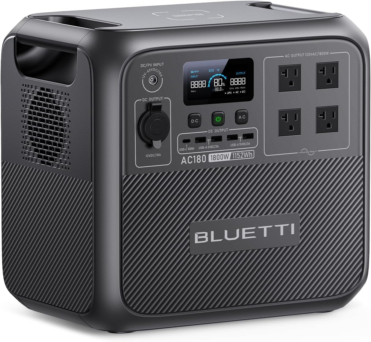 BLUETTI AC180 1,152Wh LiFePO4 Solar Generator with 4 1,800W AC Outlets for Camping Off-grid Power Outage Backup