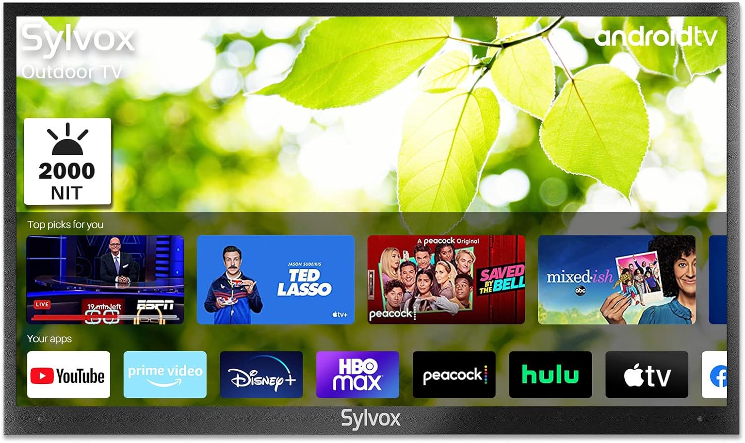 SYLVOX 75'' Outdoor Smart TV 4K UHD Ultra 2000NIT High Brightness HDR Waterproof TV with WiFi Bluetooth and Built-in Chromecast