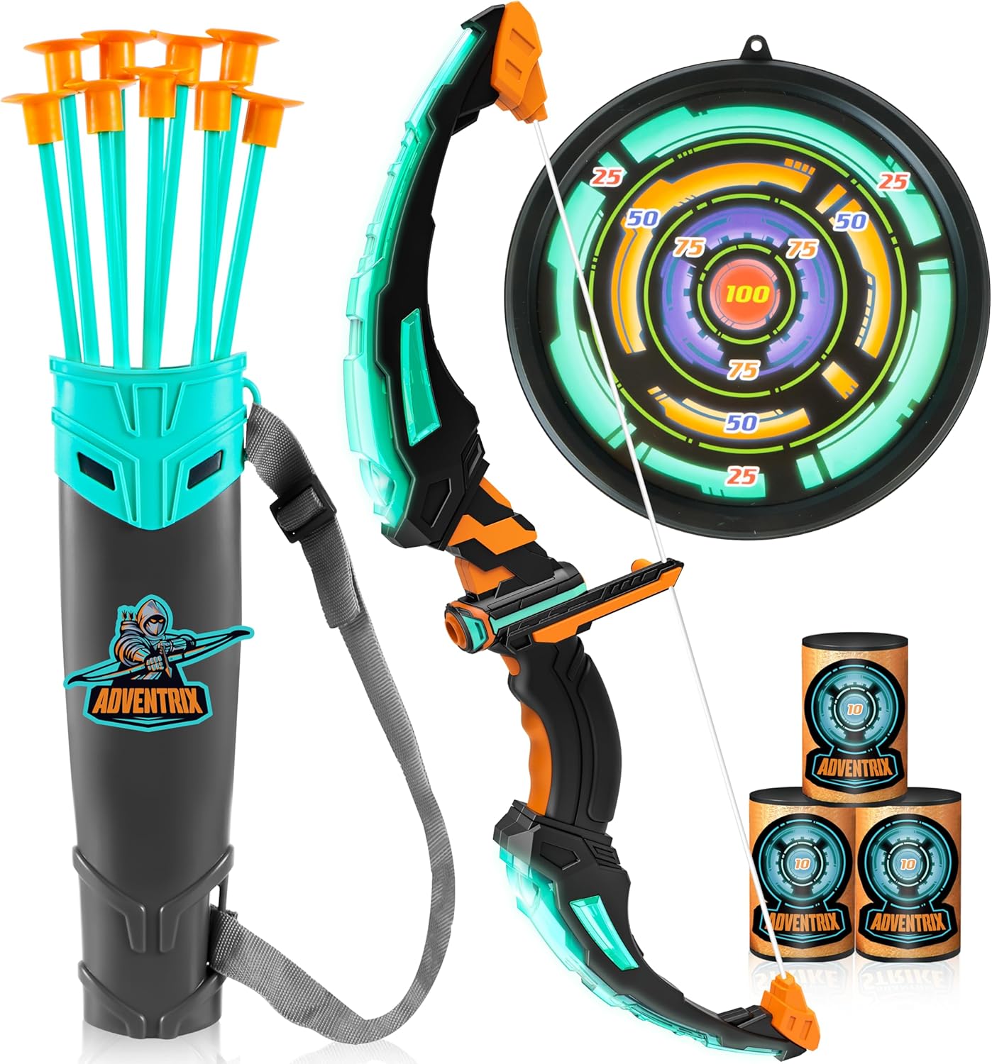 Kids LED Light Up Bow and Arrow Archery Toy Set with Suction Cup Arrows and Target for Boys and Girls Ages 6-12