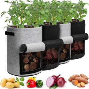 Potato Grow Bags with Flap 10 Gallon 4 Pack Planter Pot with Handles and Harvest Window for Potato Tomato and Vegetables Black and Gray