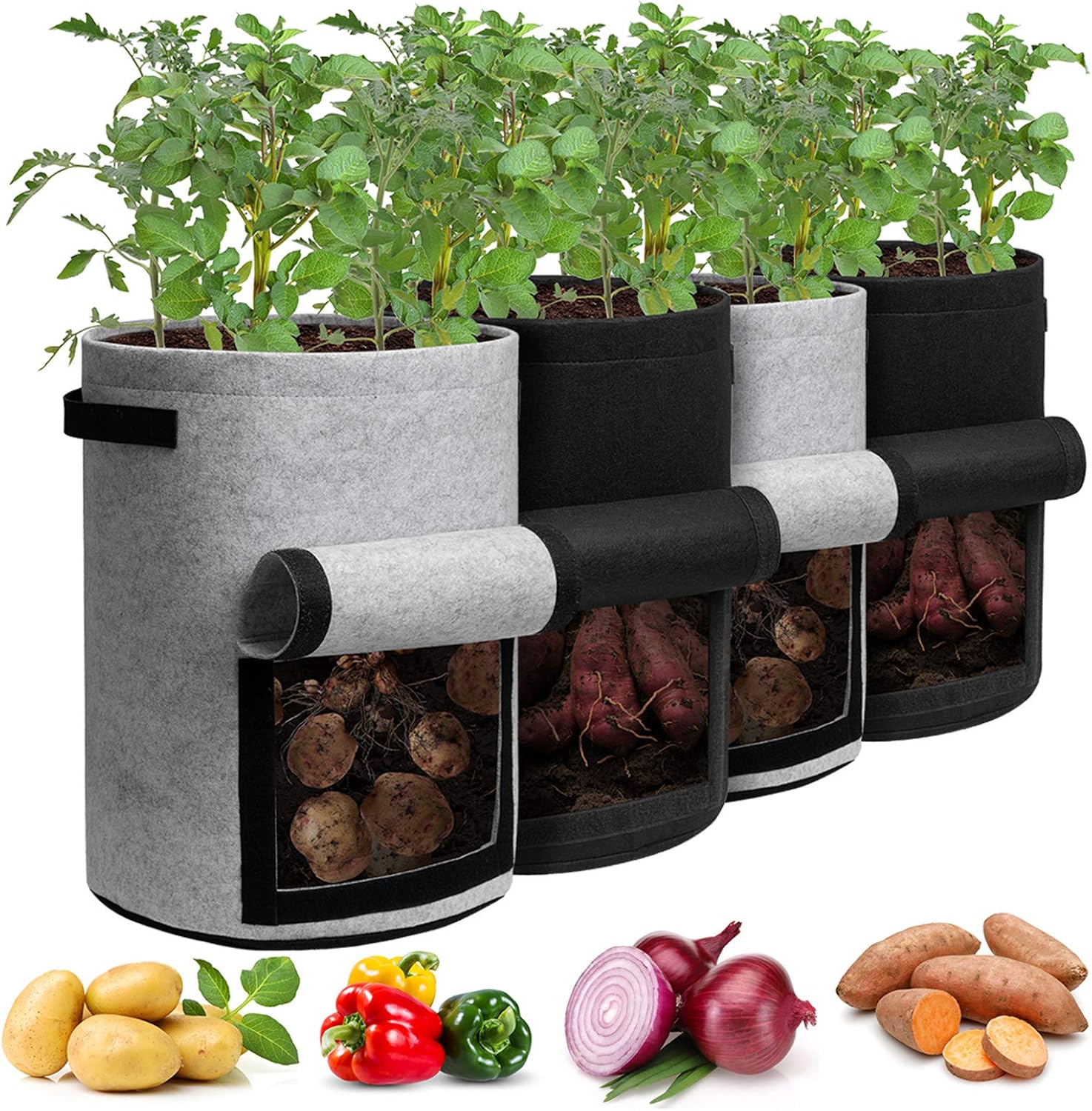 Potato Grow Bags with Flap 10 Gallon 4 Pack Planter Pot with Handles and Harvest Window for Potato Tomato and Vegetables Black and Gray