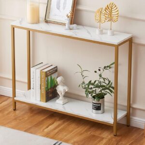 Faux Marble MDF Sofa Table with Golden Frame Loglus Console Table for Entryway Double Layer White Marble