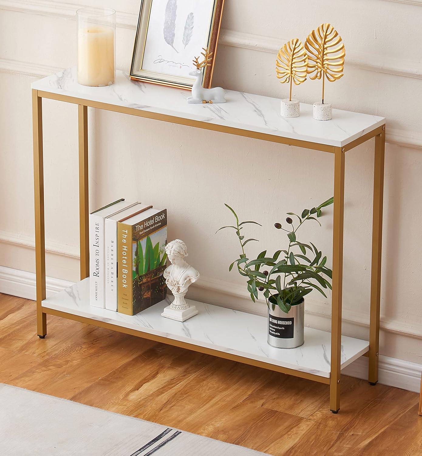 Faux Marble MDF Sofa Table with Golden Frame Loglus Console Table for Entryway Double Layer White Marble