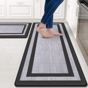 Anti-Fatigue Kitchen Mat 2PCS Non-Skid Waterproof Ergonomic Comfort Standing Rugs for Kitchen Floor Office Sink Laundry Black Gray