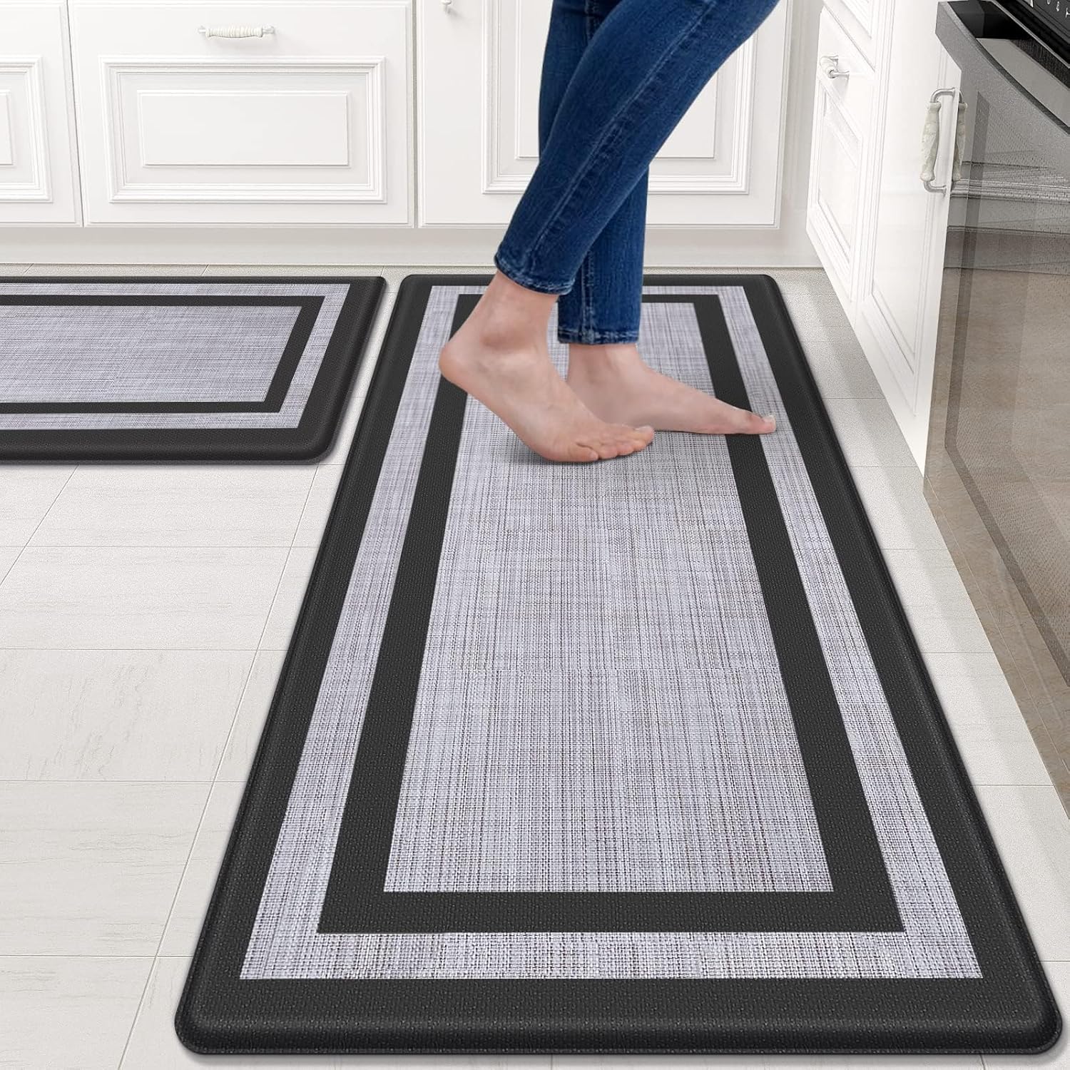 Anti-Fatigue Kitchen Mat 2PCS Non-Skid Waterproof Ergonomic Comfort Standing Rugs for Kitchen Floor Office Sink Laundry Black Gray
