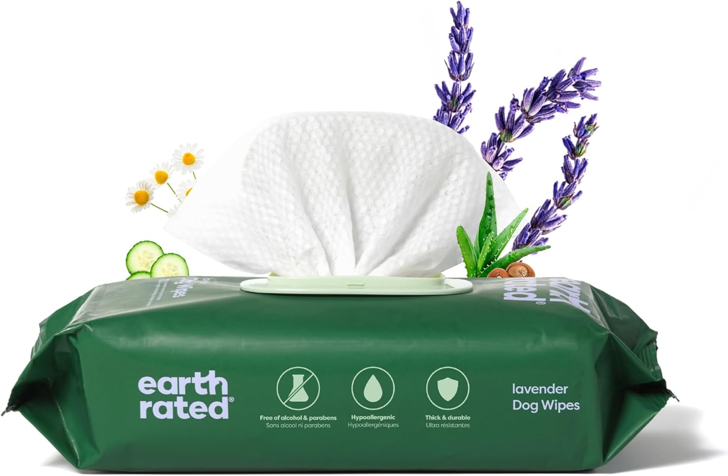 Hypoallergenic Lavender Scented Dog Wipes for Grooming Paws Body and Butt Cleaning and Hydrating 100 Count Earth Rated