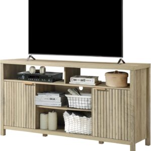 Mid Century Modern Fluted Tall TV Stands for 50 55 60 65 inch TVs with Storage Heavy Duty Entertainment Center Oxford Media TV Console Sunwashed Ash Oak