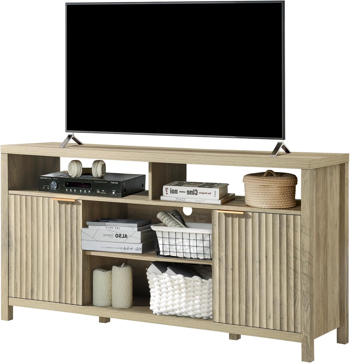 Mid Century Modern Fluted Tall TV Stands for 50 55 60 65 inch TVs with Storage Heavy Duty Entertainment Center Oxford Media TV Console Sunwashed Ash Oak