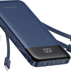 Portable Charger with Built-in Cables 10000mAh Power Bank 6 Outputs 3A High Speed for iPhone Samsung Pixel LG Moto iPad