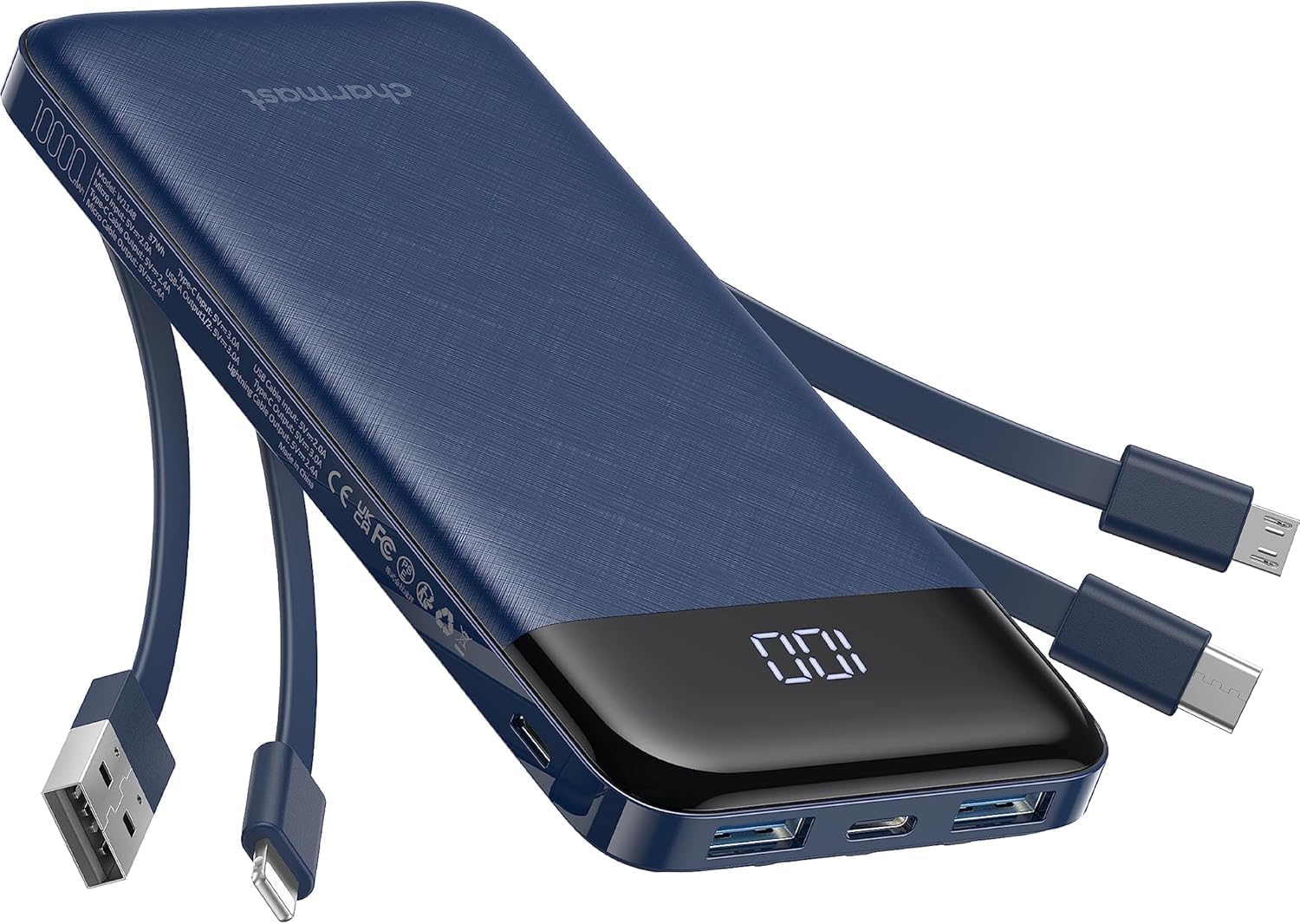 Portable Charger with Built-in Cables 10000mAh Power Bank 6 Outputs 3A High Speed for iPhone Samsung Pixel LG Moto iPad