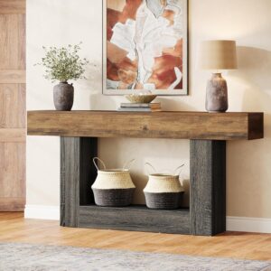 Rustic Brown & Gray 63-Inch Long 2-Tier Farmhouse Wood Console Table with Storage for Living Room Hallway Behind Couch Sofa Entryway
