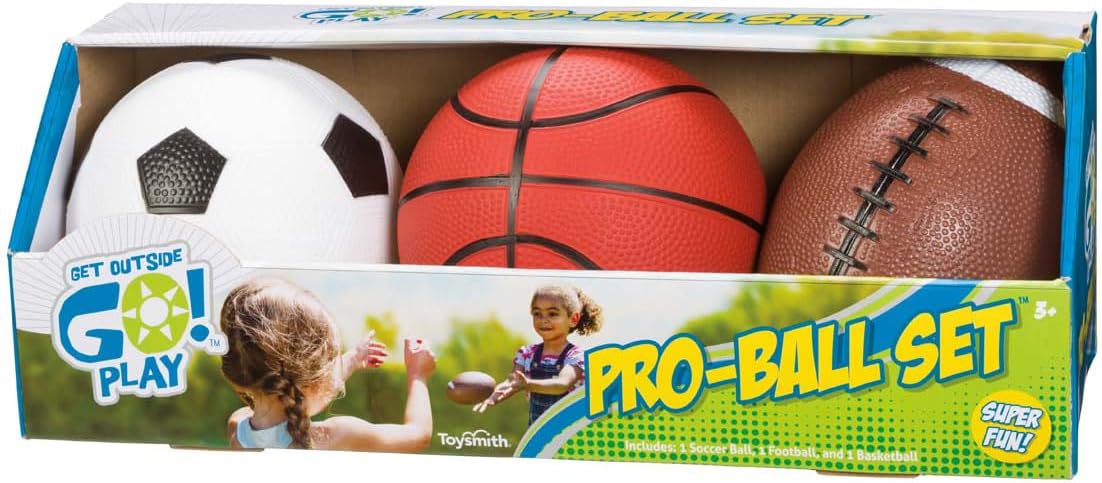 Toysmith Get Outside GO Pro-Ball Set Pack of 3 5″ Soccer Ball 6.5″ Football & 5″ Basketball Indoor & Outdoor Sports Fun for Kids Ages 3+