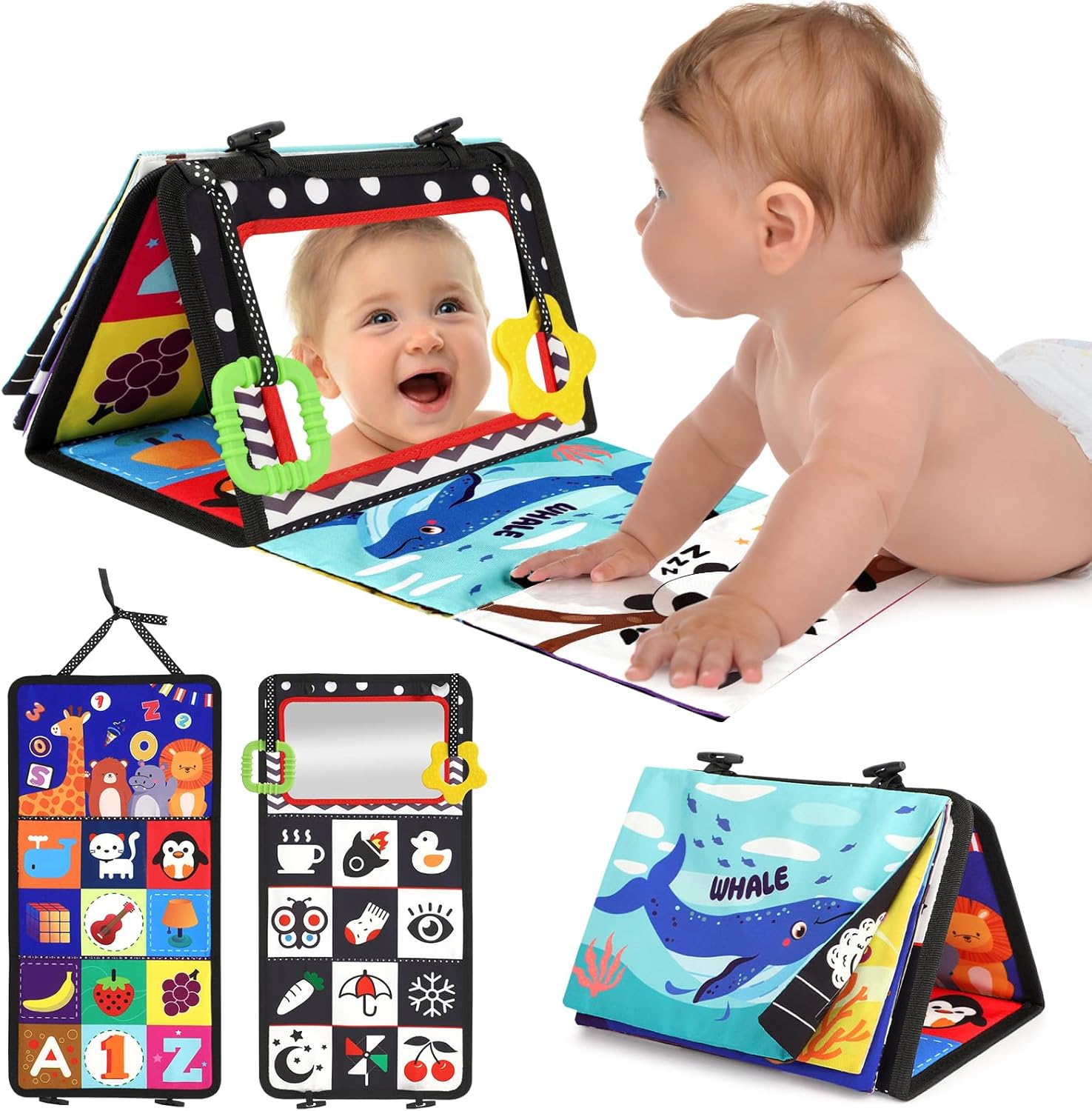 Black and White High Contrast Baby Toys for Newborn with Mirror and Crinkle Sound for 0-12 Months Infant Visual Stimulation and Montessori Sensory Development