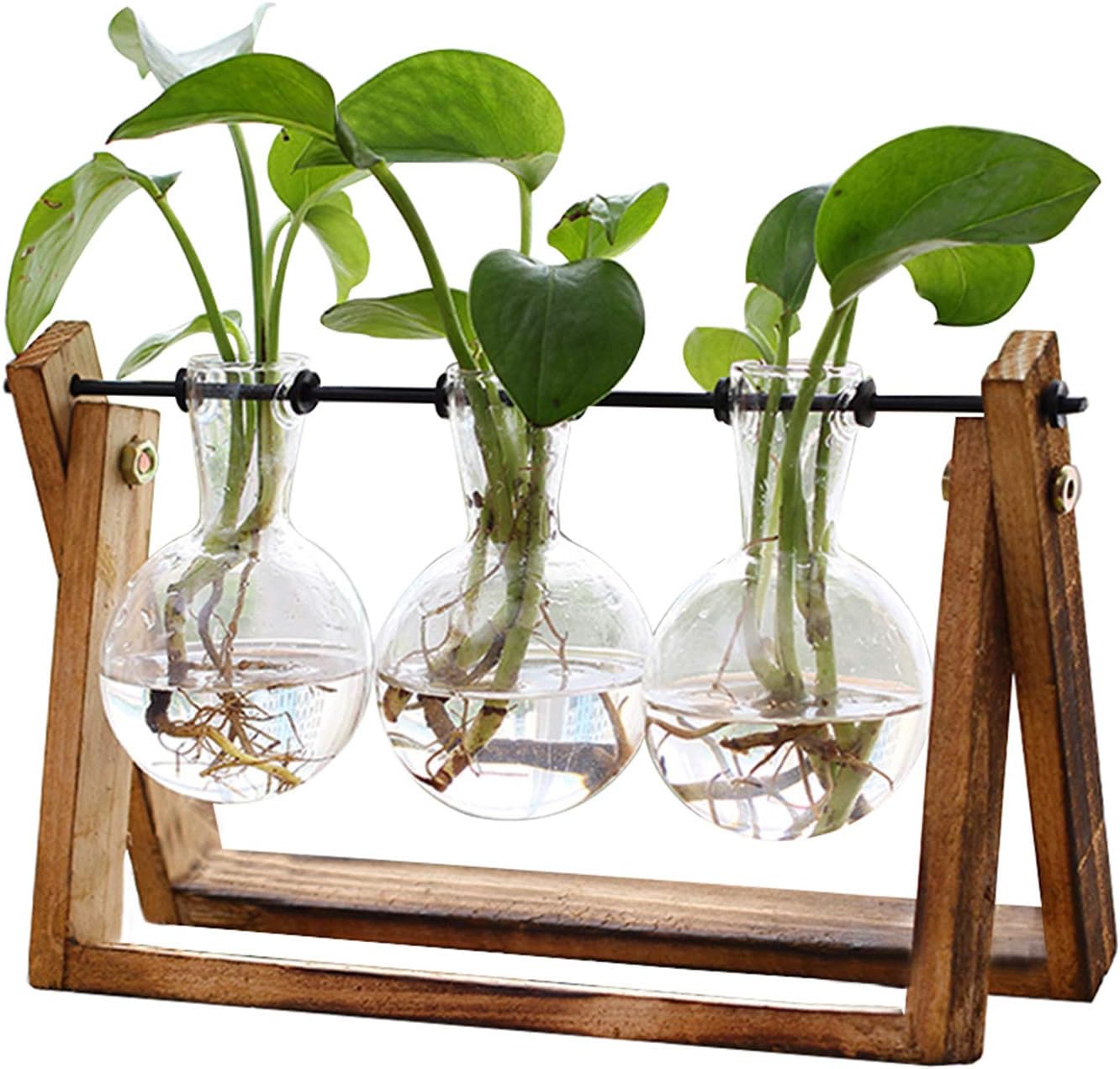 Retro Tabletop Air Planter Terrarium with Wooden Stand and Metal Swivel Holder Glass Vase for Hydroponics Home Garden Office Decoration 3 Bulb Vase