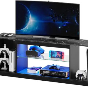 57" Gaming LED TV Stand Media Cabinet for 55/65 inch TV PS5 Xbox Storage Modern Entertainment Center with Adjustable Glass Shelves Black Marble