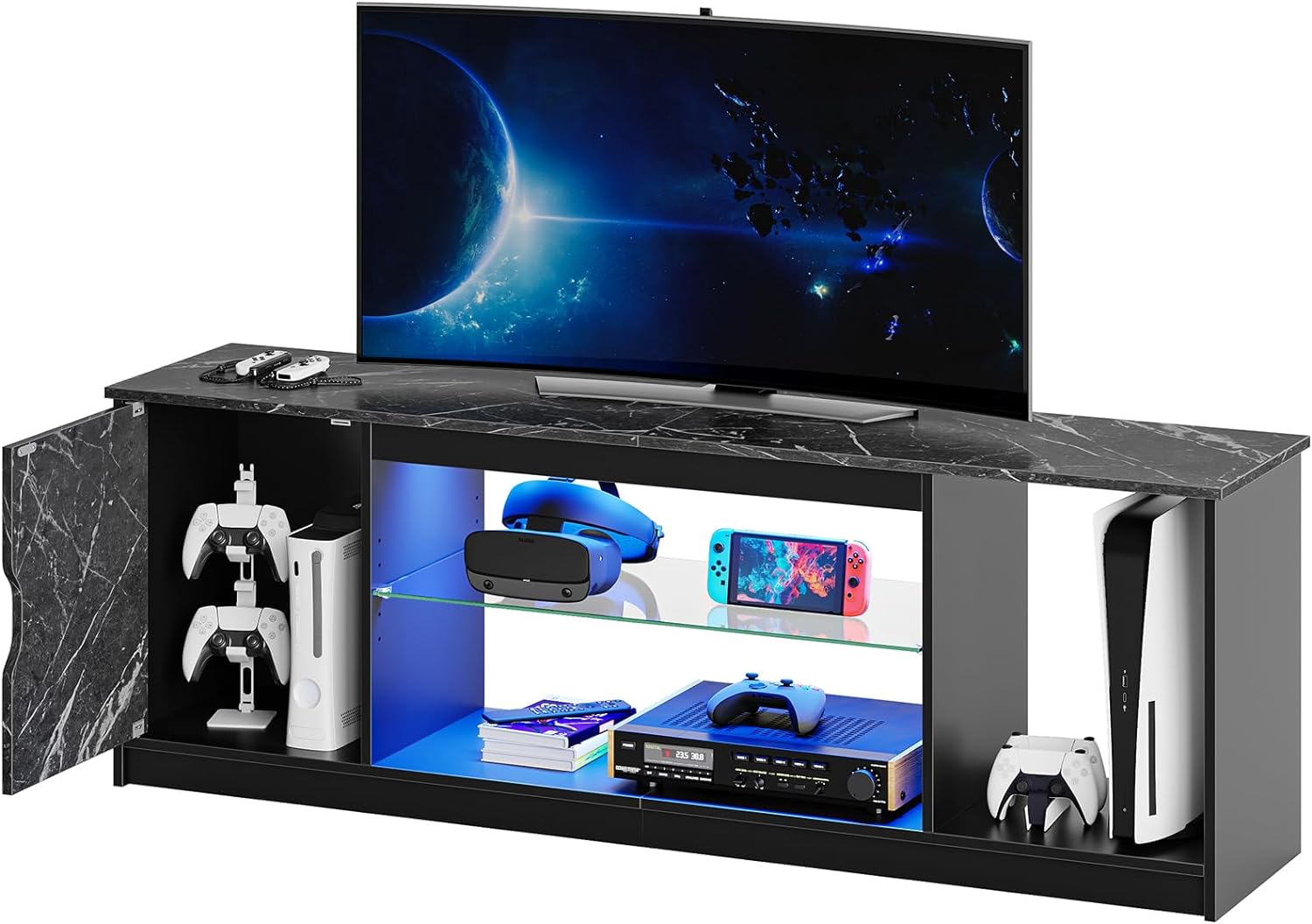 57" Gaming LED TV Stand Media Cabinet for 55/65 inch TV PS5 Xbox Storage Modern Entertainment Center with Adjustable Glass Shelves Black Marble