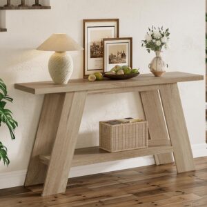 Treocho 63 Inch Long Modern Farmhouse Console Tables with 2-Tier Shelf for Entryway Living Room Hallway Entrance Behind Couch Walnut Wood Contemporary Narrow Sofa Table