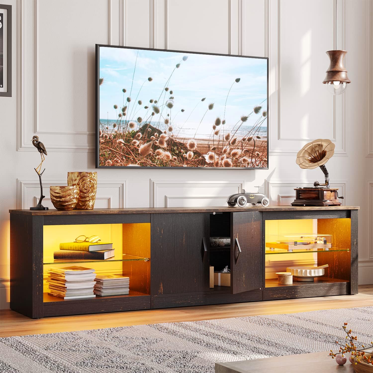 70 Inch LED TV Stand with Adjustable Glass Shelves and RGB Modes for 75 Inch TVs and Gaming Consoles