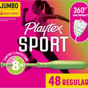 Playtex Sport Tampons Regular Absorbency Fragrance-Free 48ct Regular Tampons for Women Feminine Care Playtex Tampon with 360 Leak Defense