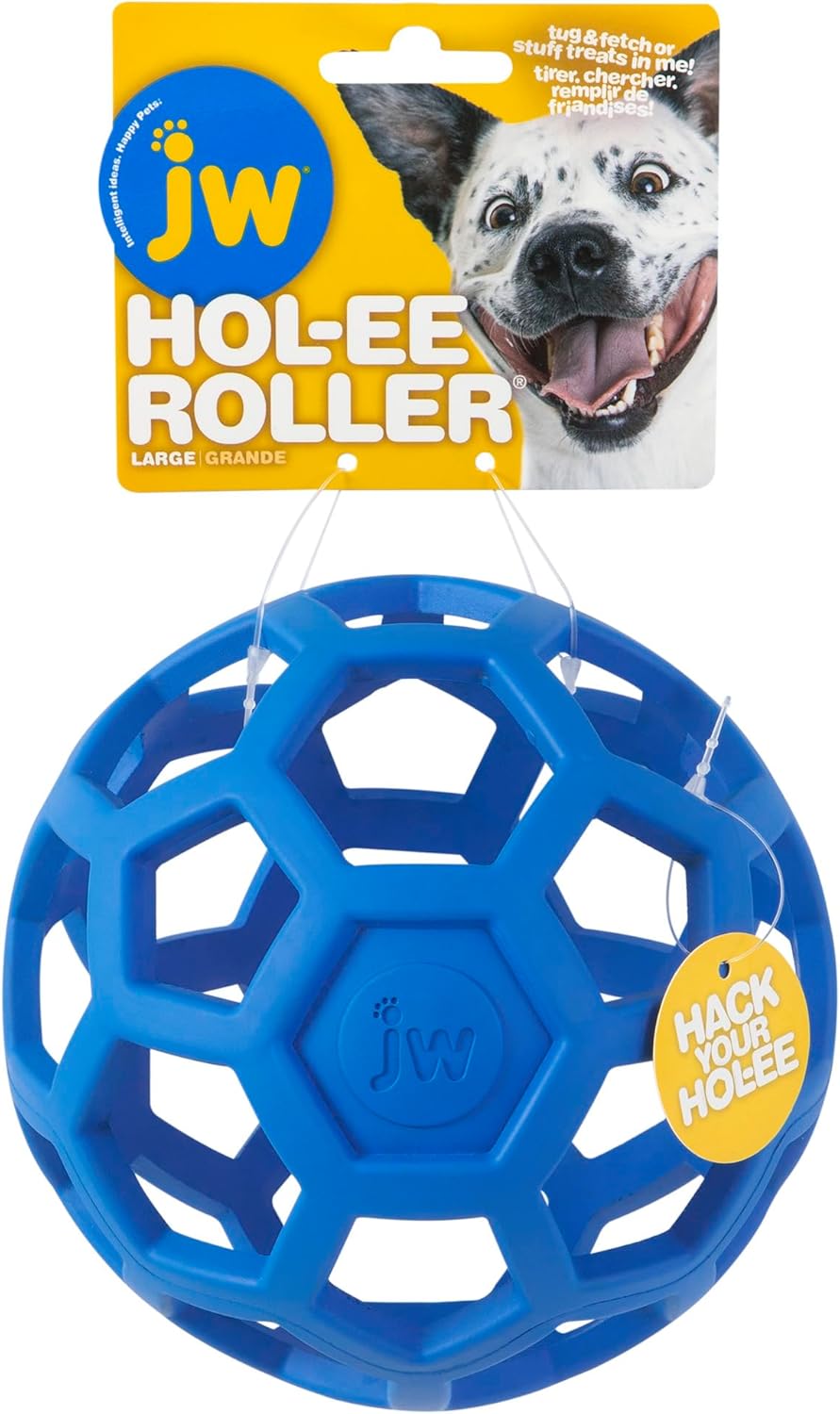 JW Pet Hol-ee Roller Dog Toy Puzzle Ball Natural Rubber Large 5.5 Inch Diameter Colors May Vary