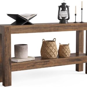 63-Inch Long Farmhouse Wood Entryway Console Table with 2-Tier Shelves for Living Room Hallway Entrance Foyer Behind Couch Brown