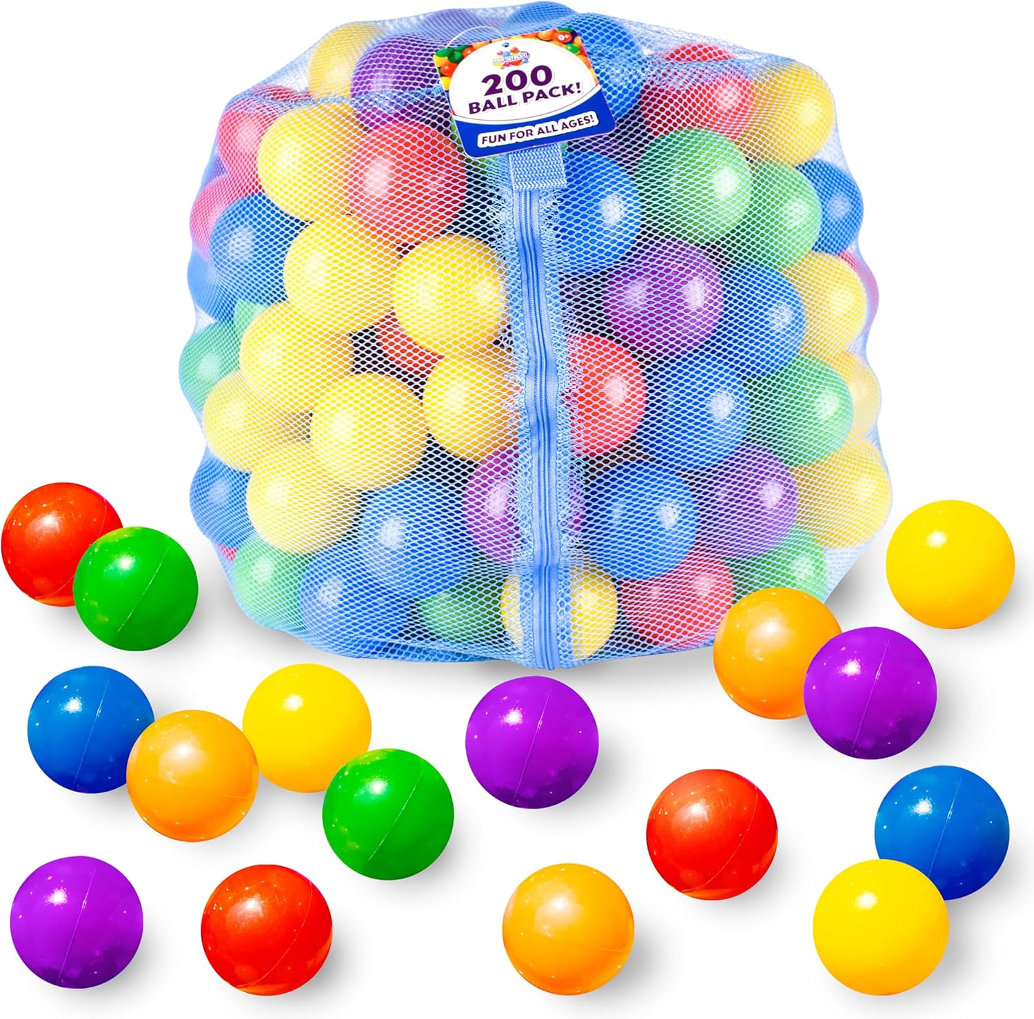 Sunny Days Entertainment 200 Premium Crush-Resistant Ball Pit Balls Non-Toxic BPA Phthalate Free Assorted Colors 2.5" Diameter with Zippered Storage Bag