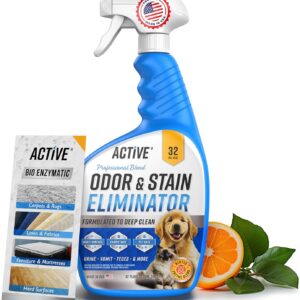 Pet Odor and Stain Eliminator 32oz Active Enzyme Cleaner for Dog and Cat Urine Carpet Upholstery Hardwood Spot Cleaning Deodorizer with Natural Citrus Oil