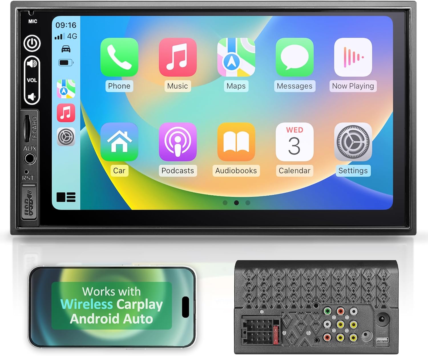 7" Touch Screen Double Din Car Stereo with Wireless Apple Carplay, Android Auto, Bluetooth, AUX, FM Car Radio