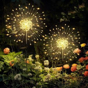 Solar Powered Garden Lights 120LED 2Pack Outdoor Fairy Firework Decorative Lights for Yard Pathway Flowerbed Planter Balcony Patio Christmas Decor Warm White