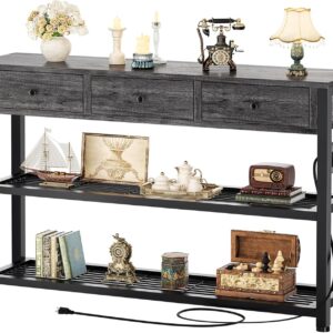 Ecoprsio 47'' Grey Entryway Console Table with Outlets, USB Ports, 3 Drawers and Storage Shelves for Living Room, Hallway, Foyer, Kitchen Counter